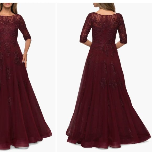 LA FEMME FLORAL LACE & TULLE BURGUNDY GOWN sz16 - Picture 2 of 4